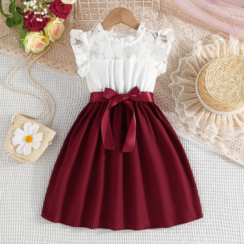 Vestido para crianças de 4 a 7 anos, aniversário, renda, manga com babados, botão, costas, vestidos de princesa, ootd para bebês meninas