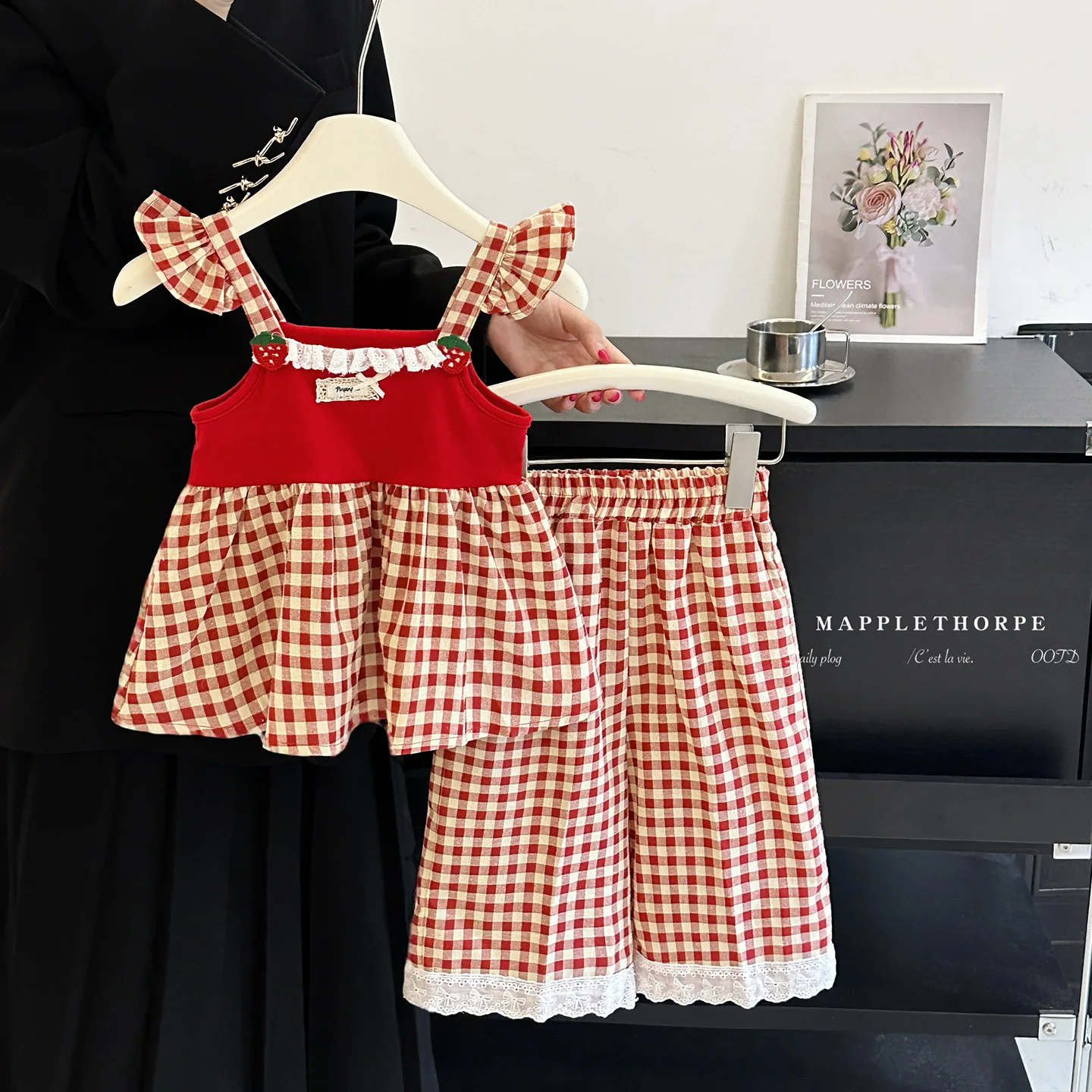 Summer Girls' Red Plaid Set Cute Strawberry Sleeveless Top + Lace Splicing Loose Wide Leg Pants 2Pieces Outfit 2026 New