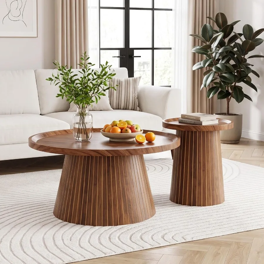 Nesting Coffee Table Set of 2 for Living Room, Solid Wood with Fluted Drum Design, Natural Oak Finish, Space-Saving Stackable F