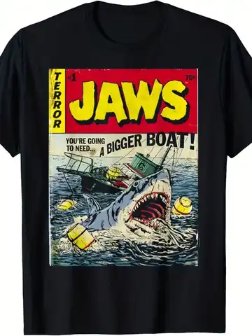 Vintage Style Graphic Tees - Jaws Horror Movie Comic Book Cover Adult Short Sleeve T Shirt