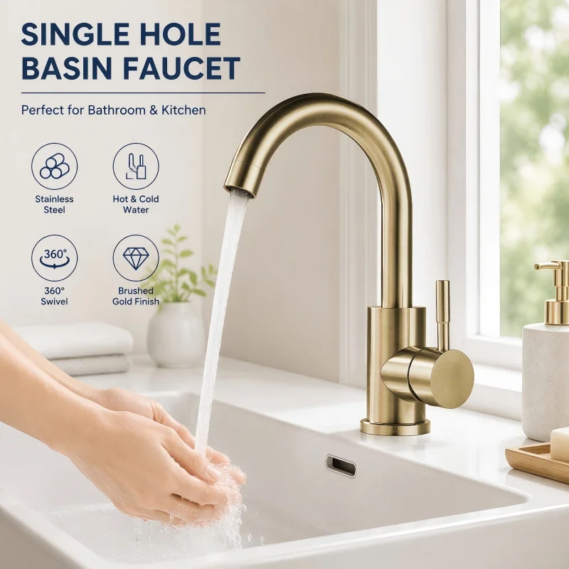 Brushed Gold 304 Stainless Steel Basin Faucet, Hot Cold Water Swivel Single Hole Faucet for Bathroom Kitchen Sink, Anti-Freeze