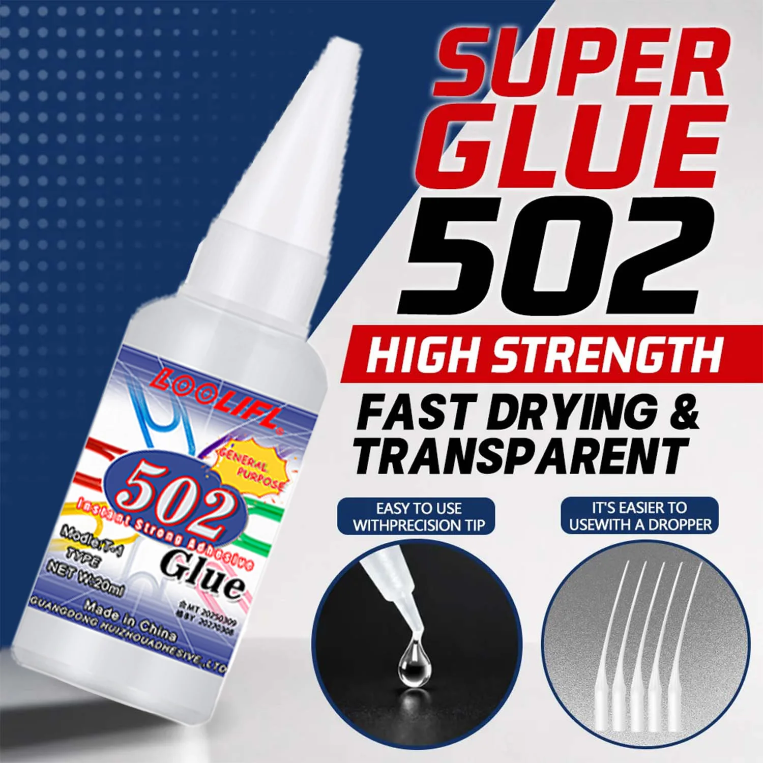 502 Super Strong Quick-Drying Adhesive Professionally Daily Repair Toy Plastic Transparent Odorless Leather Glass Wood Metal 20g