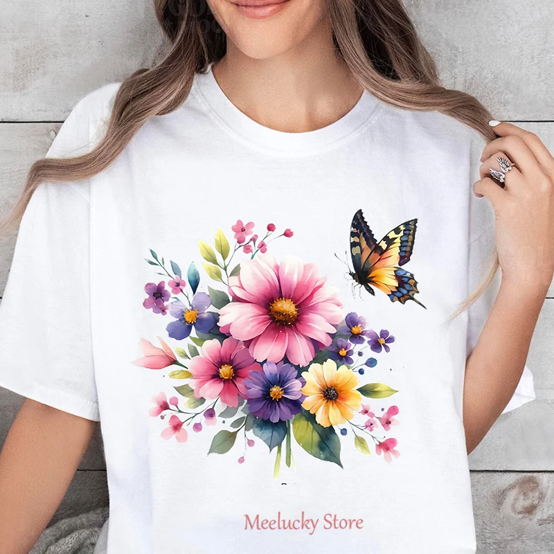 Fragrant and beautiful in the flower bushes, printed with Korean loose women's pure cotton top and soft women's T-shirt