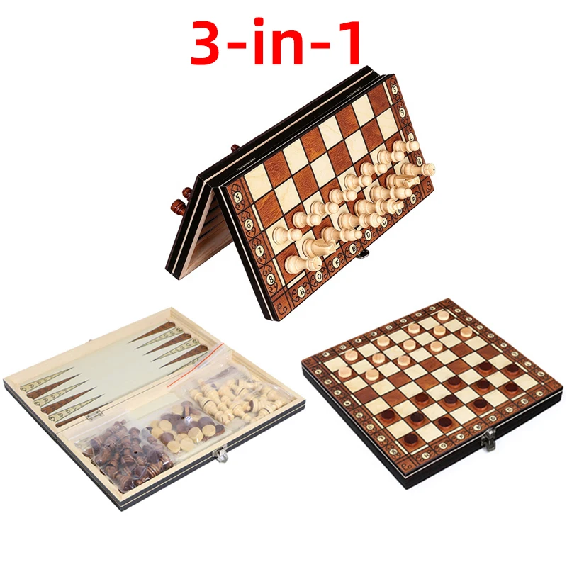 24/29/34/39/44cm 3-in-1 Magnetisches Schachspiel, Faltbares Holzbrettspiel, Dame & Backgammon Brettspiel