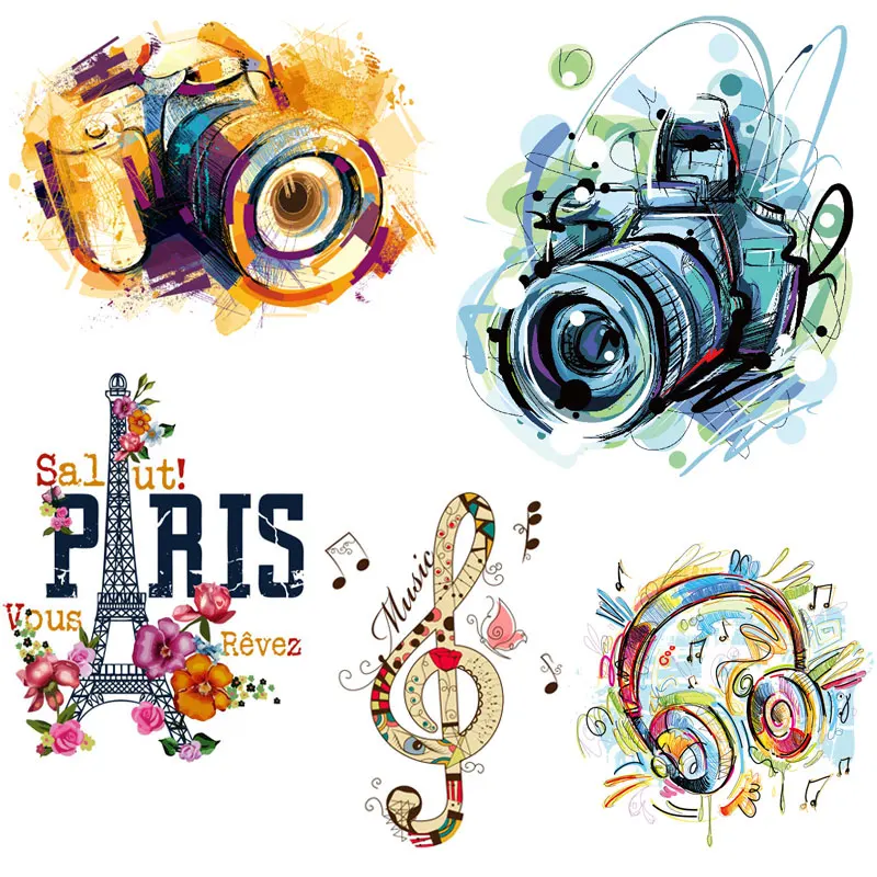 Watercolor Camera Patches Music Note Iron on Transfers for Clothing Flower Eiffel Tower Ironing Stickers for T Shirts Appliques