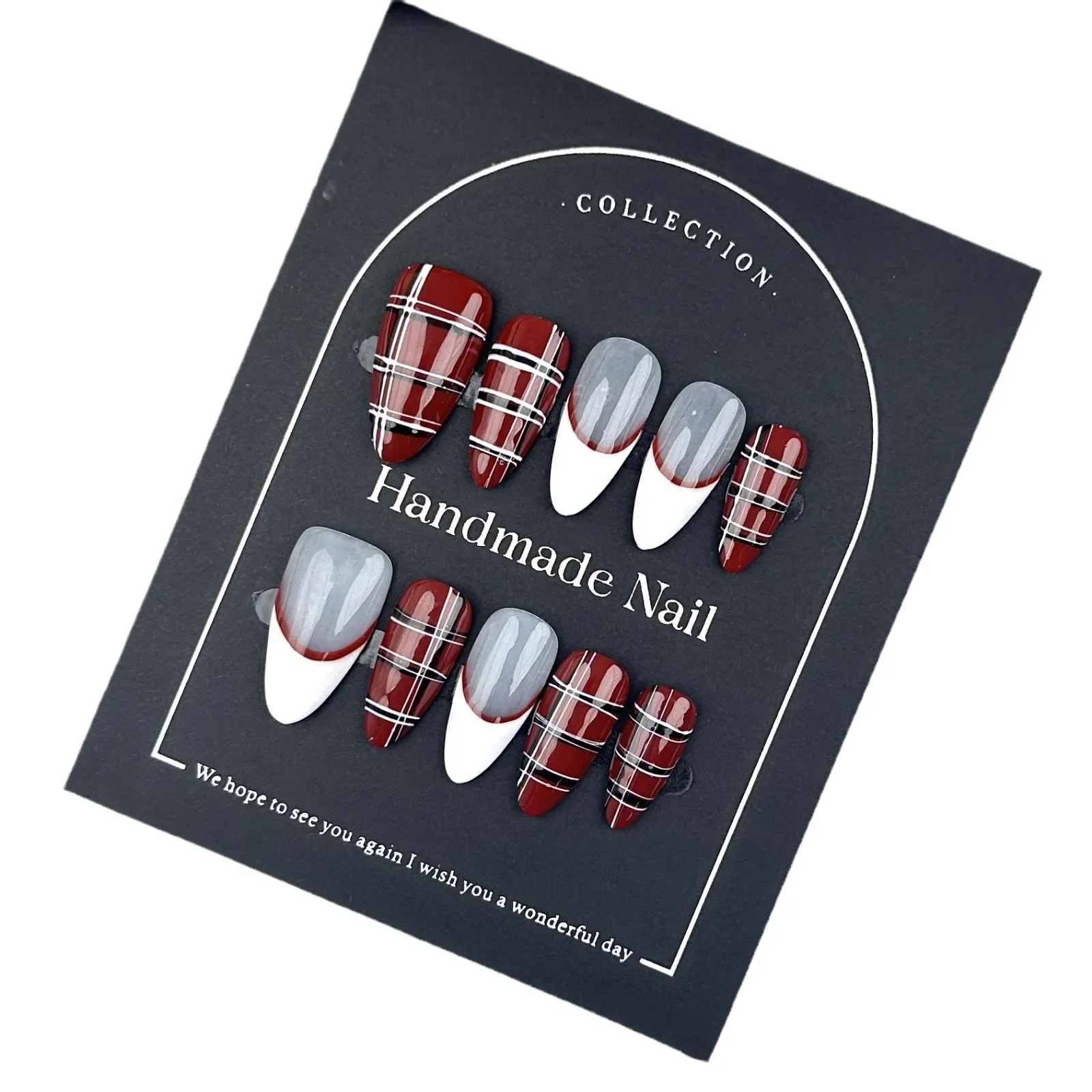 10st Y2K Amandelrood Handgemaakte pers op nagels Franse ruit Volledige dekking Nageltips voor dames en meisjes Verwijderbare draagbare nepnagels