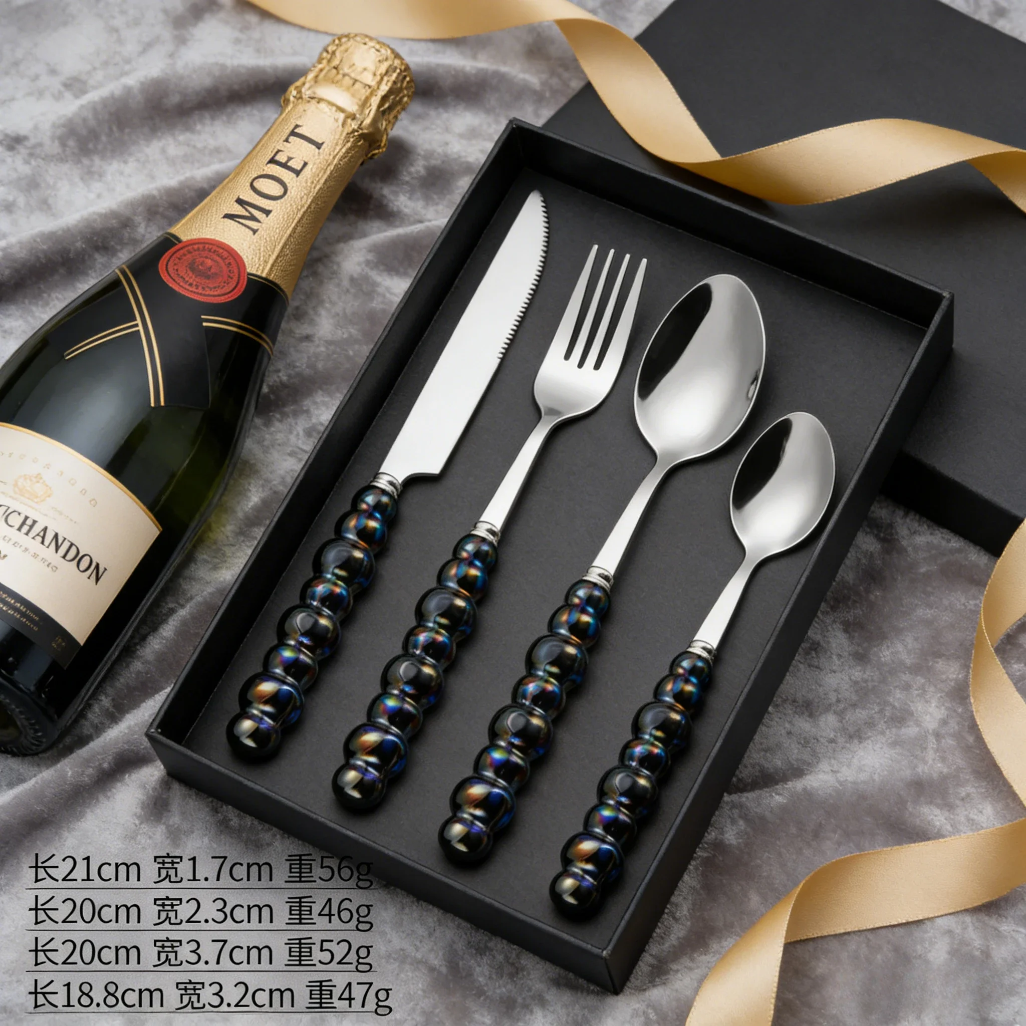 Chubby Bubble Pattern Ceramic Handle Cutlery - 4-Piece Stainless Steel Flatware Knife Fork Spoon for Dinner Table