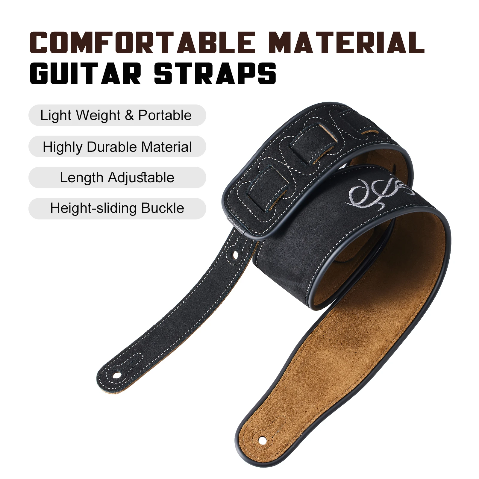 Embroidered Real Leather Guitar Strap Adjustable Soft Durable Shoulder Belt for Acoustic Electric Bass Guitars with Lock Picks