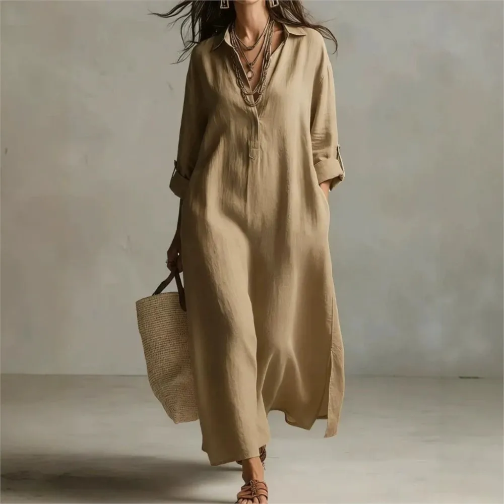 Women Vintage Linen Shirt Dress Lapel Collar Button Long Sleeve Loose Side Pockets Split Hem Casual Summer Shirt Long Dresses