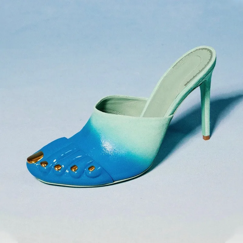 Women Gold Toe Gradient Ombre Mule Backless Pointed Toe Stiletto High Heel Slippers Leather Avant Garde Summer Sandals Chic F708