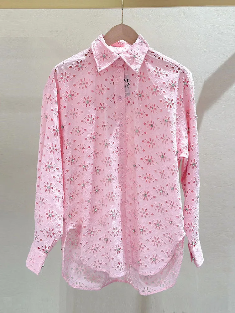 

M Home Nan You High End Women's Spring Sweet Hollow out Embroidery Diamond Pink irt Top Women's Faion Commute Sle