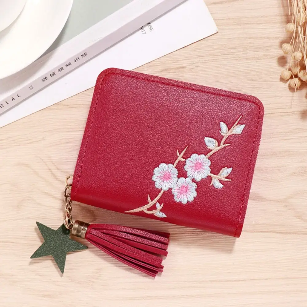 Simple Plum Blossom Tassel Wallet Mini Short Pu Leather Coin Purse Solid Color Korean Style Plum Blossom Wallet Lady