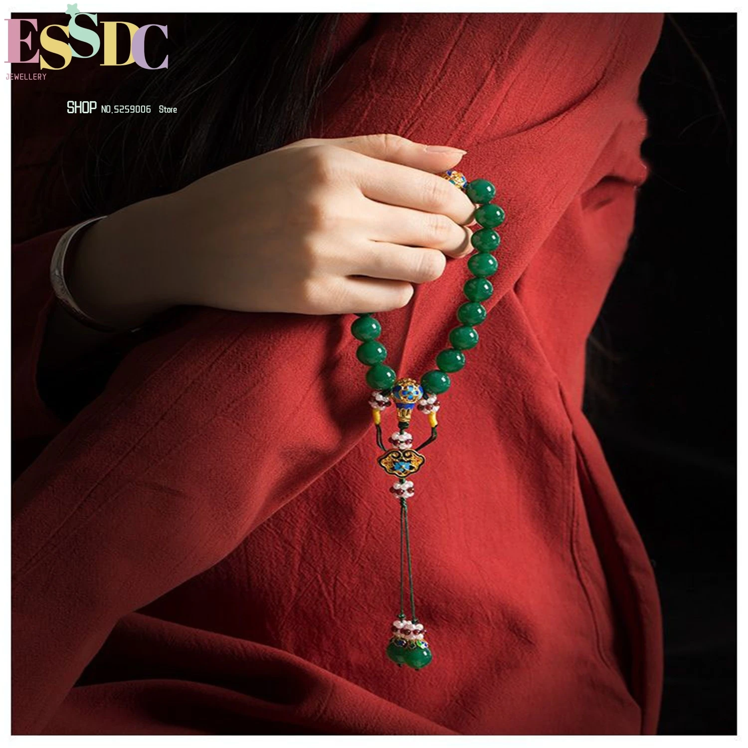 

Green Agate Handheld Mala 36 Beads Buddhist Prayer Bracelet Tara Goddess Meditation Yoga Rosary Chinese Palace Style Jewelry
