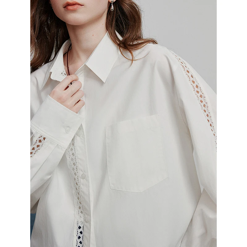 TOYOUTH Women Blouse Shirt 2025 Spring New Lyocell Cotton Hollow Lace White Shirt