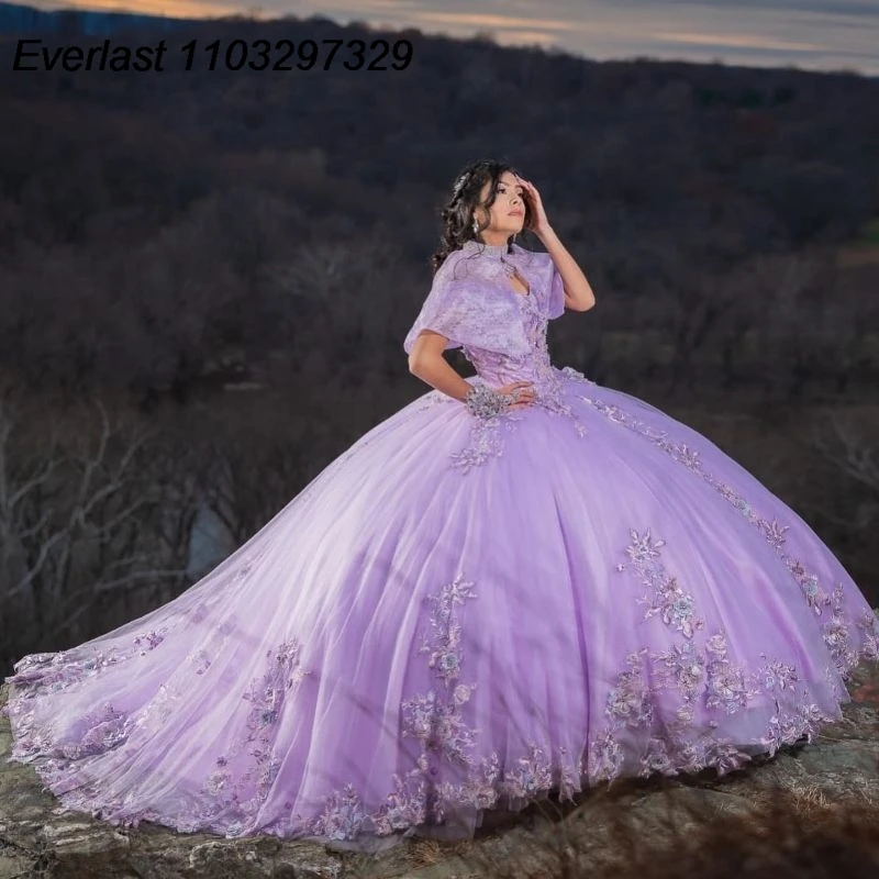 EVLAST-Vestido De Quinceañera De lavanda brillante, Vestido De baile, apliques De encaje, cristal con capa, corsé dulce, 15 años, TQD571