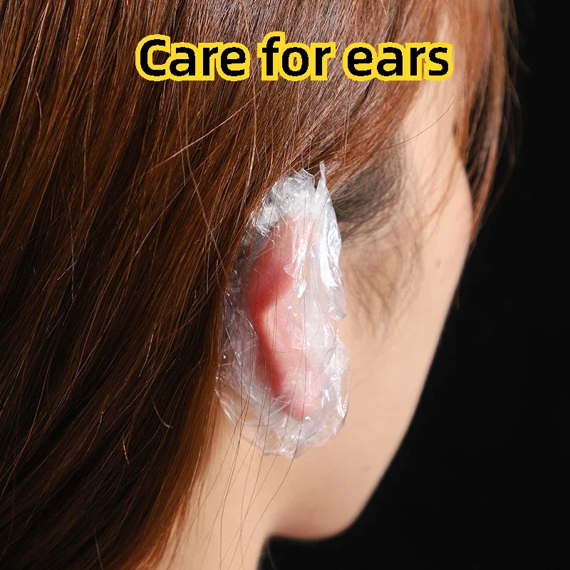 100PCS Disposable Hair Earmuff Dye Transparent Elastic Shower Hair Dye Protection Tool Shield Waterproof Earpack Plastic Wrap