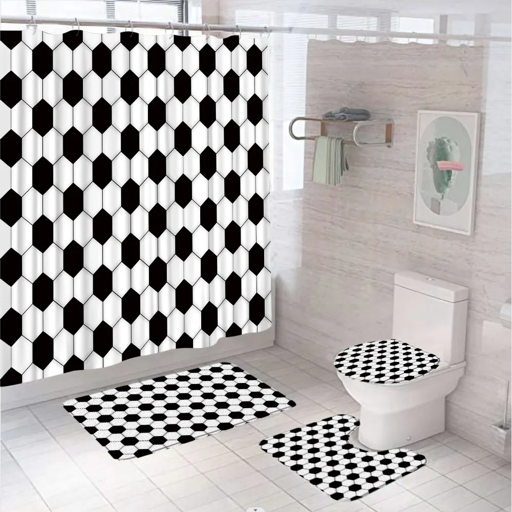 Sports Football Black White Geometric Modern Waterproof Bathroom Shower Curtain Set Anti-Slip Soft Rug Toilet Lid Cover Bath Mat