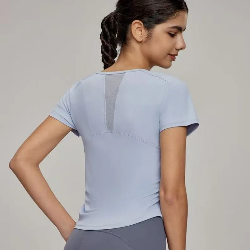 Damen Yoga-Shirt mit kurzen Ärmeln aus Mesh, schnelltrocknend, atmungsaktiv, mit seitlich geraffter Taille, figurbetont, sportliches T-Shirt, Sommer-Gym-Activewear – Detail 3