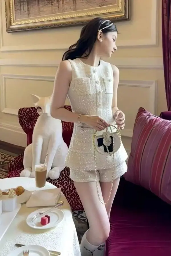 

Luxury French Style Summer Suit Set High Waist Tweed Shorts & Top Elegant Lady Chic Two-Piece Outfit Trendy Office Wear Fashion