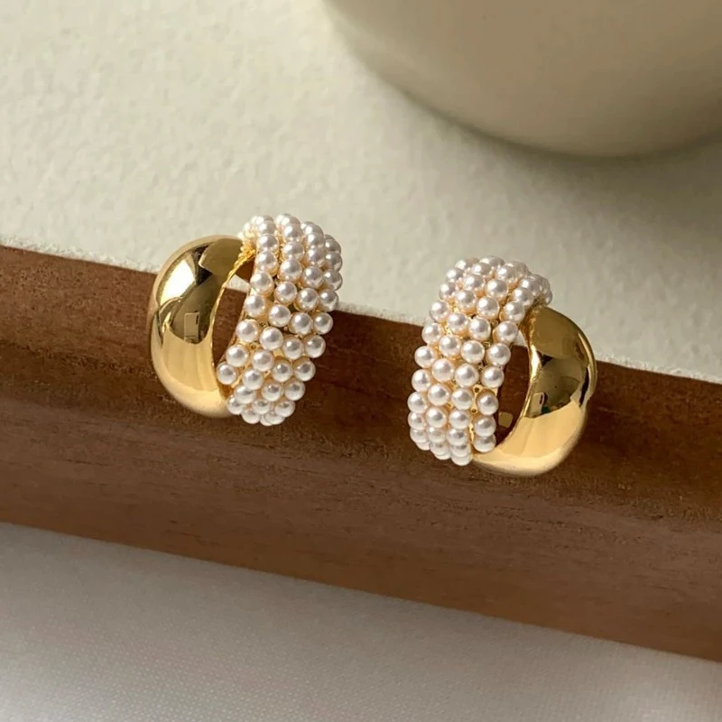 Intersect Arc C-shaped Drop Earrings for Women Fashion Imitation Pearl Golden Metal Semicircle Dangle Earrings Geometry Jewelry