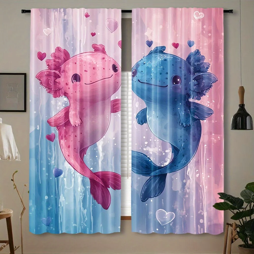 Cute Axolotl Curtains, Pink Blue Mermaid Fish Window Drapes, Kawaii Girls Room Decor, Blackout Fabric for Kids Bedroom Nursery