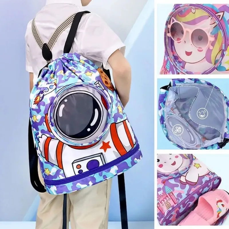 Cartoon Unicorn Kids Swimming Bag for Beach Pool Shoe Compartment Backpack Travel Waterproof Storage Bag for Boys & Girls