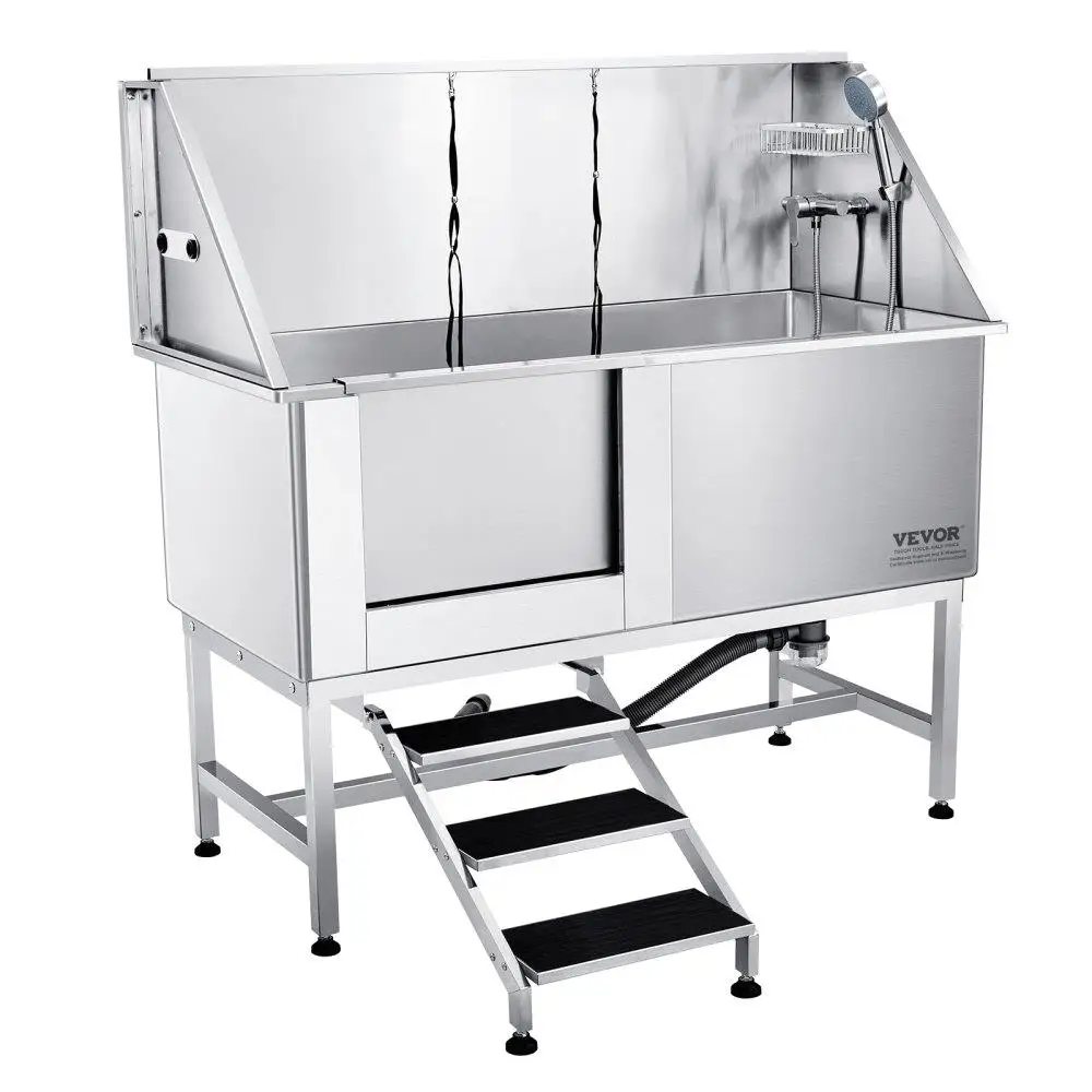 

62 Inch Stainless Steel Pet Grooming Bathing Station with Stairs Faucet Soap Box Accessories for Small Medium for large Dogs