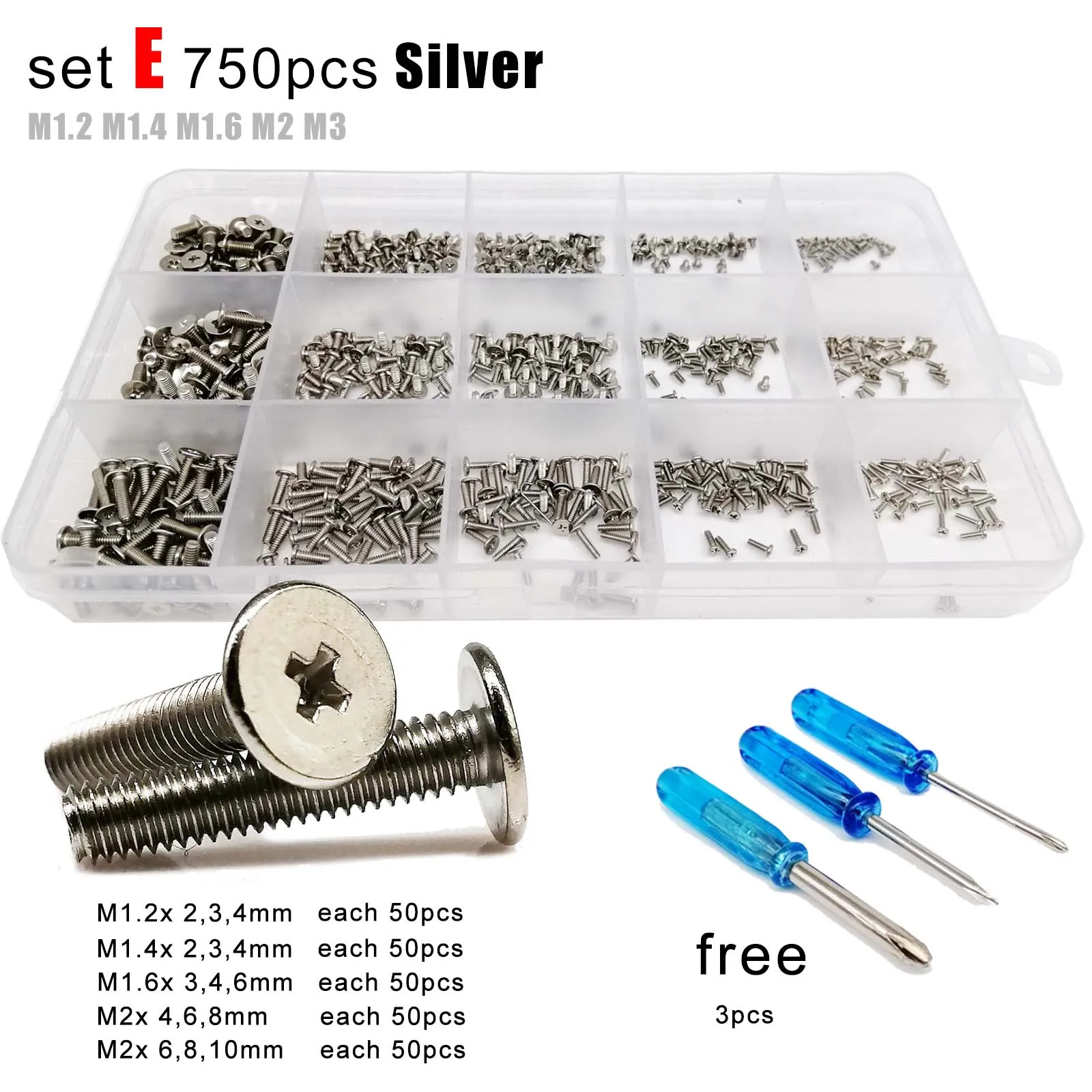 500/750pcs Phillips Thin Wafer Flat Head Screw Bolt for Laptop Phone Glasses Assortment Kit Set M1.2 M1.4 M1.6 M2 M3 Mini Micro