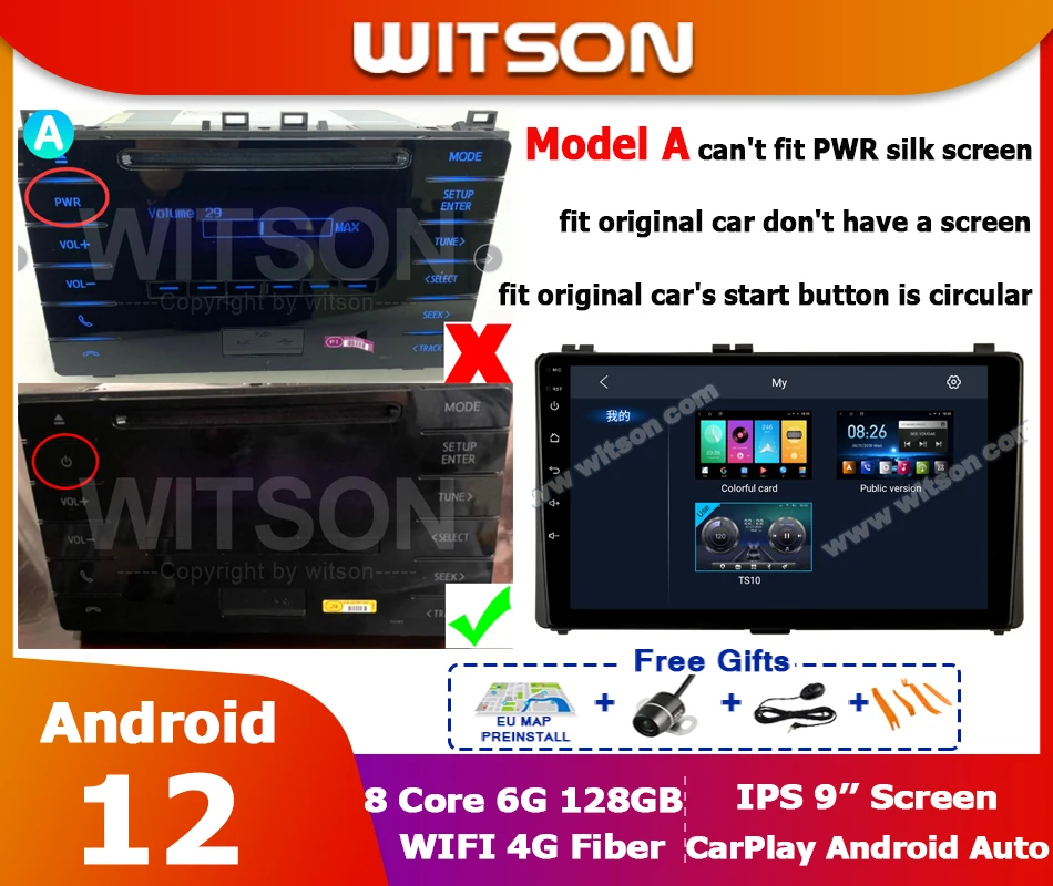 WITSON Autoradio Android 12 Radio with CarPlay WIFI DSP FOR TOYOTA AURIS 2017 Car Stereos Multimedia Player