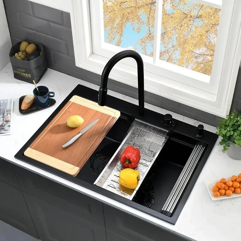 33 Inch Black Drop In Waterfall Kitchen Sink Workstation-VASOYO 33x19 Drop In Kitchen Sink with Faucet Quartz Composite