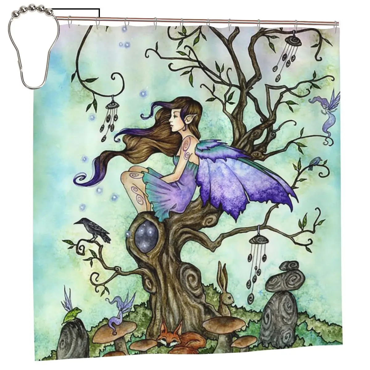 Wind Chimes Shower Curtain Bathroom Polyester Waterproof Bath Curtains with Hooks