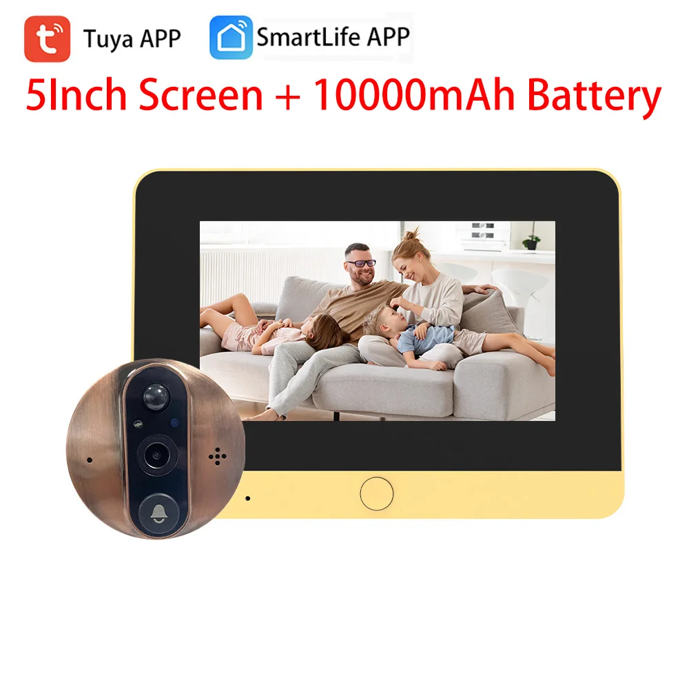 5Inch Screen 10000mAh Battery TuyaSmart 2MP WiFi Peephole Doorbell Digital Door View Infrared PIR Motion Camera Work 3-4 Months