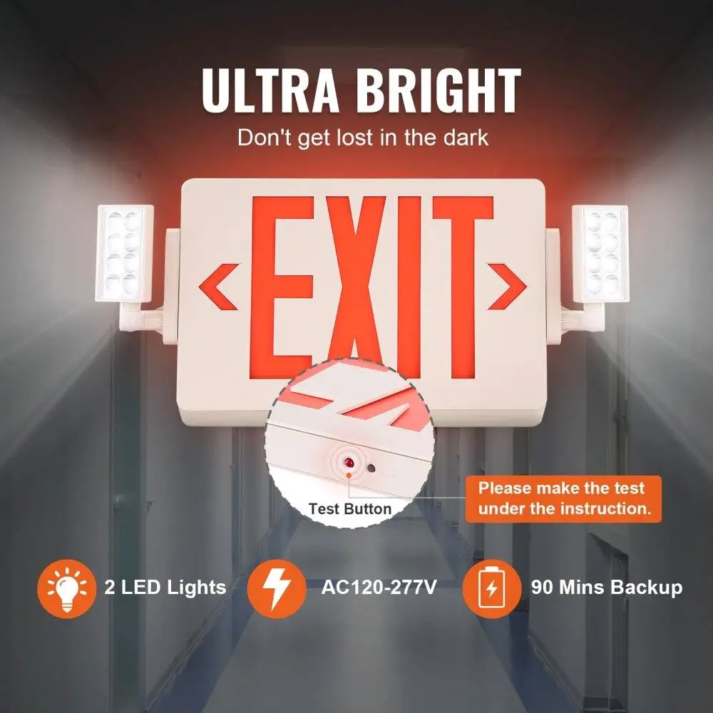 ป้ายทางออกฉุกเฉิน LED พร้อมแบตเตอรี่สํารองไฟหัวคู่ไฟทางออกเชิงพาณิชย์ตัวอักษรสีแดงรับรอง UL