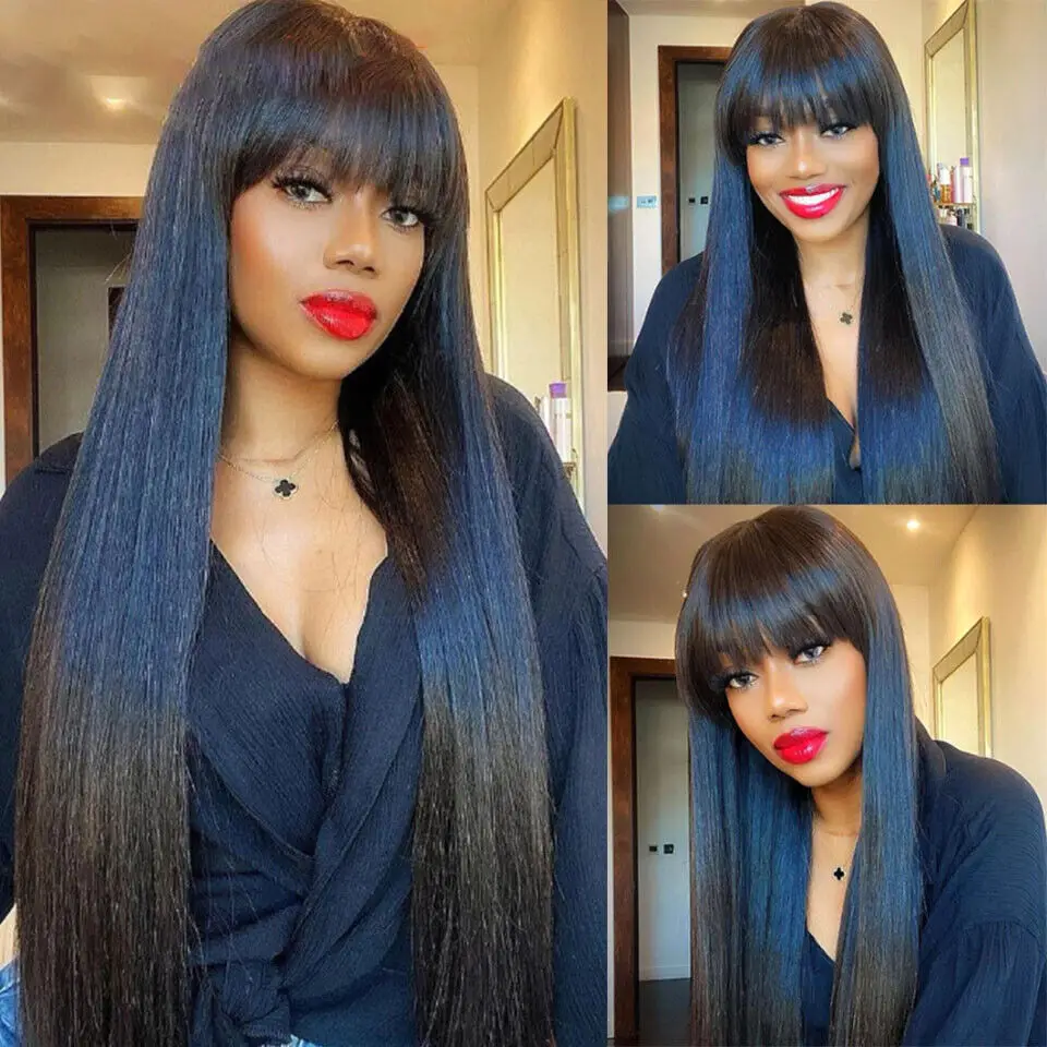 

Women Long Straight Hair with Bangs Synthentic Black Wig High Temperature