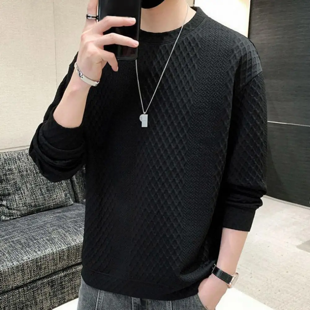 Men Winter Sweatshirt Spring Sweatshirt Comfortable Men's Spring/fall Sweatshirt Rhombus Applique Solid Color Round Neck Thick