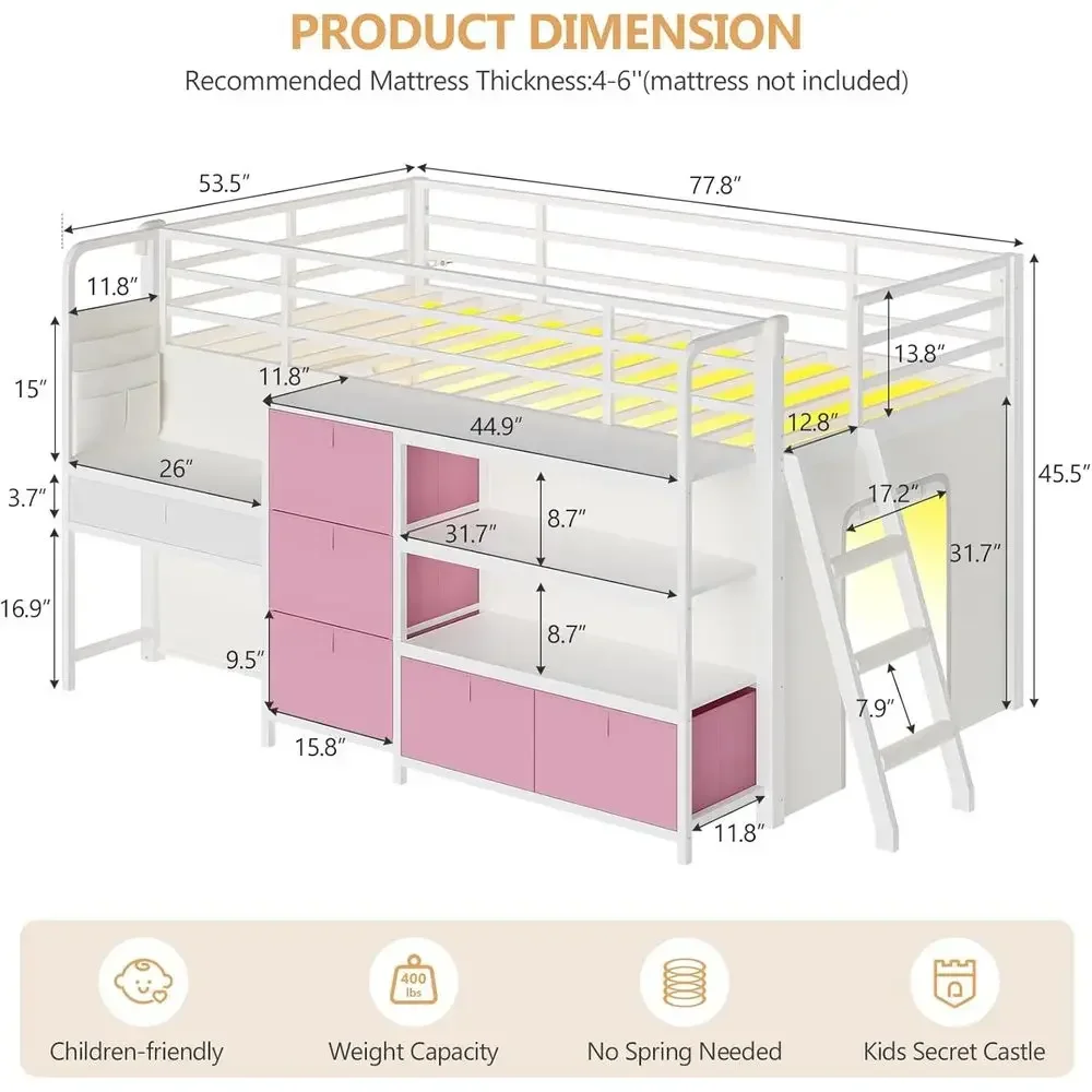 Low Loft Bed with Desk, 6 Drawers, Twin Bed, Bookshelf, LED Lights, Under-Bed Play Area, Safety Rail, Ladder, Play Curtain, Pink