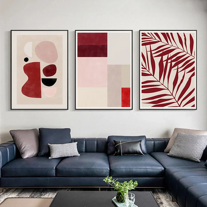 Nordic Abstract Red Leaves Canvas Print Simplicity Art Painting  Sun Landscape Line Drawing Wall Pictures Modern Decor Cuadros
