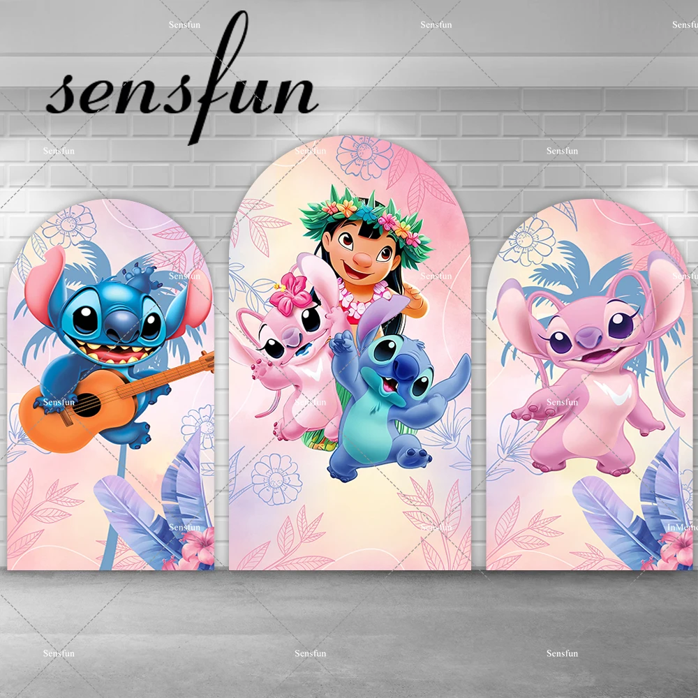 Disney Lilo and Stitch Arch Backdrop For Girls Birthday Party Decoration Watercolor Pink Flower Printing Backgrounds Supplier