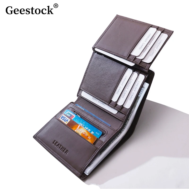 Geestock Men's Leather Wallet Credit Card Holder Layer Cowhide Rfid Anti-Theft Brush Anti Magnetic Three Fold Card Bag Wallet