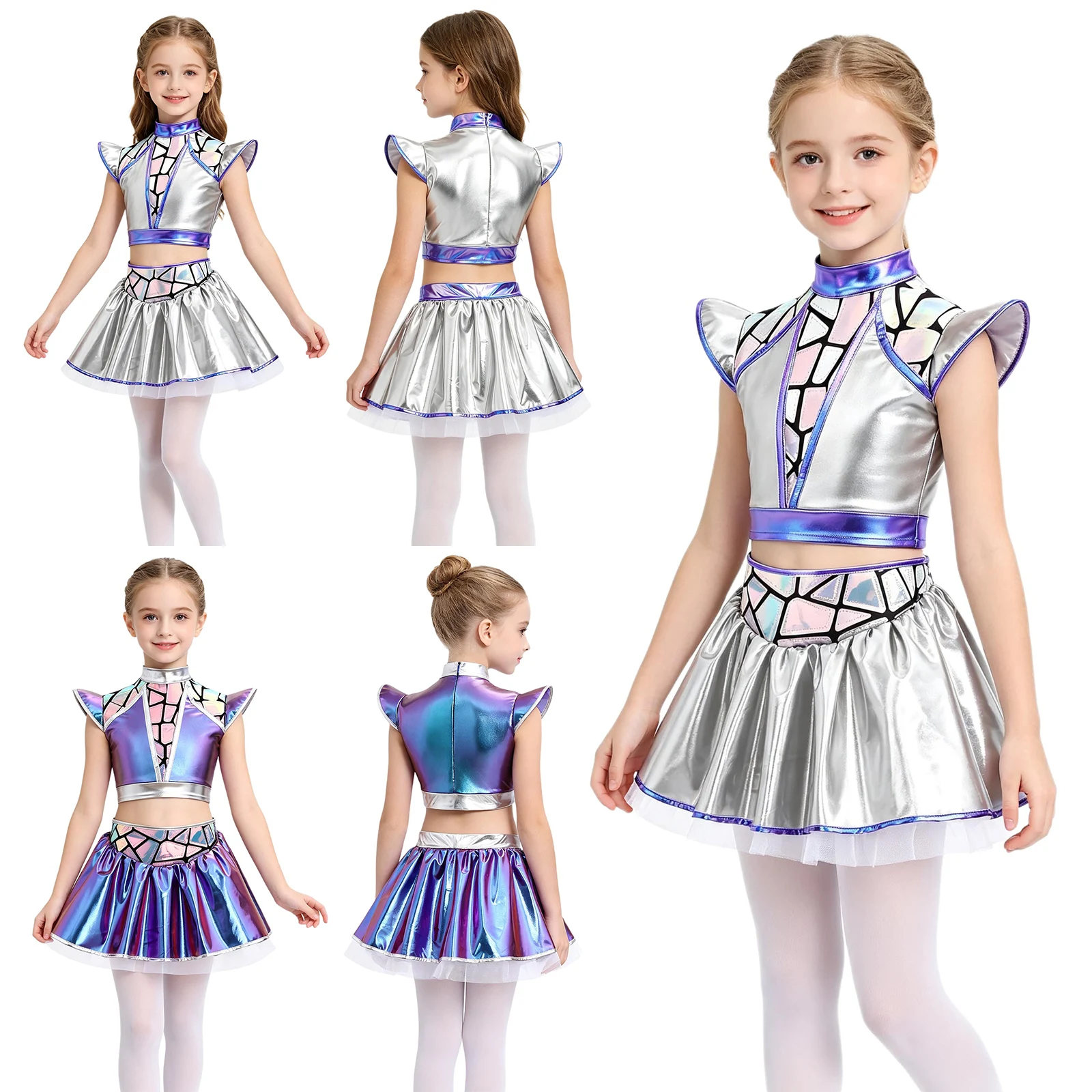 Mädchen-Cheerleader-Kostüm, Alien-Cosplay, Jazz-Hip-Hop-Cheerleading-Outfits, metallischer Reißverschluss hinten, bauchfreies Oberteil, mehrlagiger Rüschenrock – Detail 3