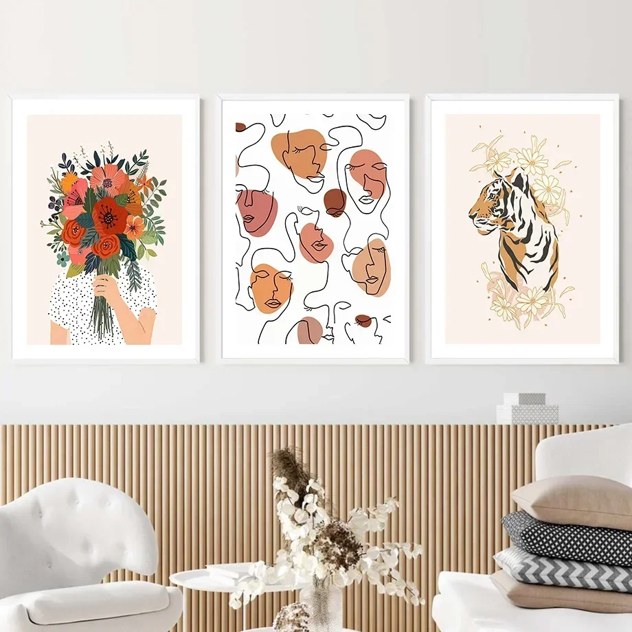 Girl Flower Line Face Tiger Lemon Boho Minimalist Wall  Print Canvas Painting Posters for Living Room Modern Home Decor