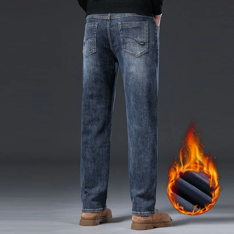 Зимнее флисовое издание, эластичные мужские джинсы, элитные деловые потертые джинсовые брюки для взрослых, универсальные брюки для официальных банкетных мероприятий