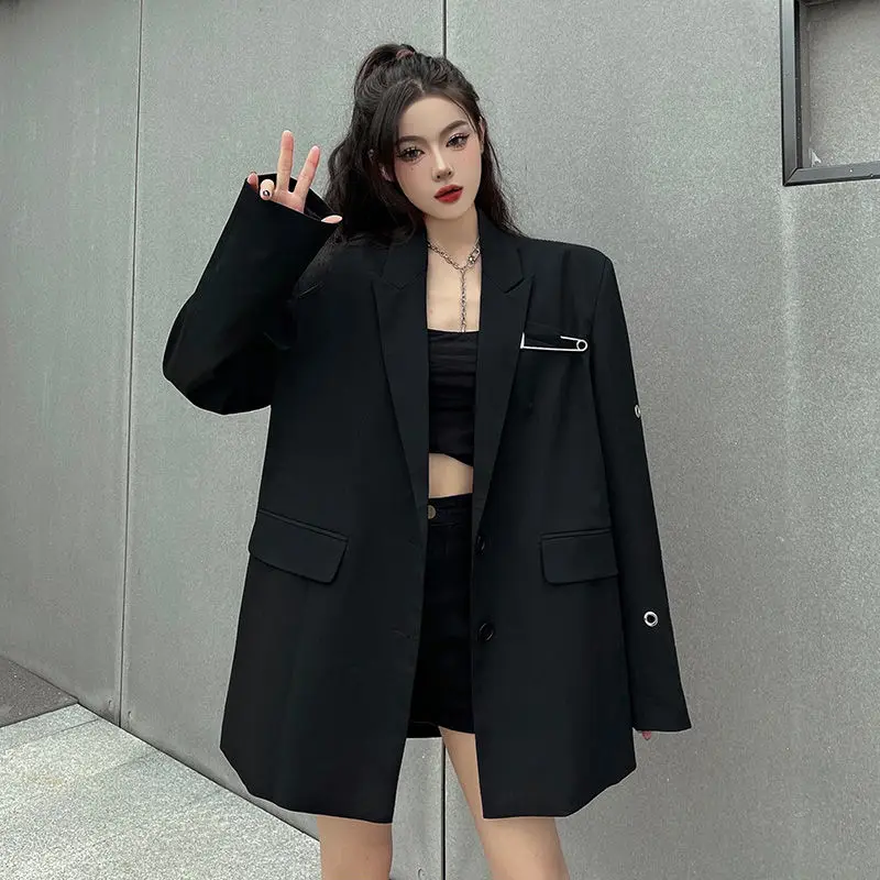 2024 Black Long-sleeved Blazer Women's Loose Niche Design High-end and Elegant Fried Street Small Temperament Suit Top Tide