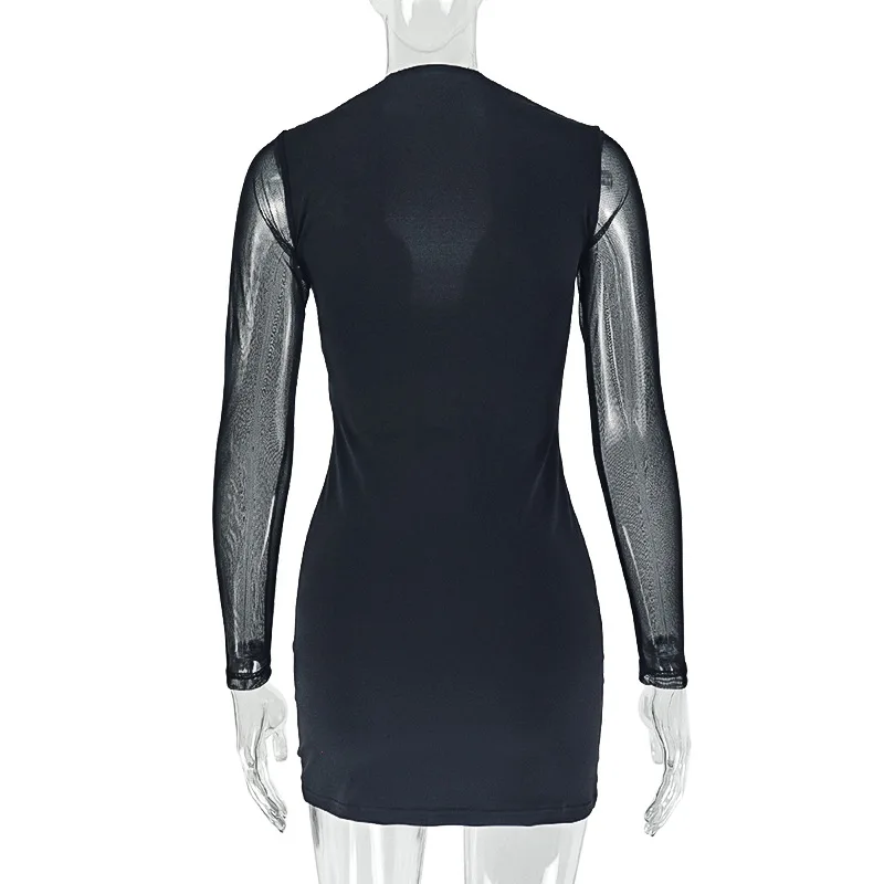 Women Sexy See Through Mesh Patchwork Long Sleeve Halter Bodycon Mini Dress V Neck Slim Hipster Night Clubwear Party Outfits