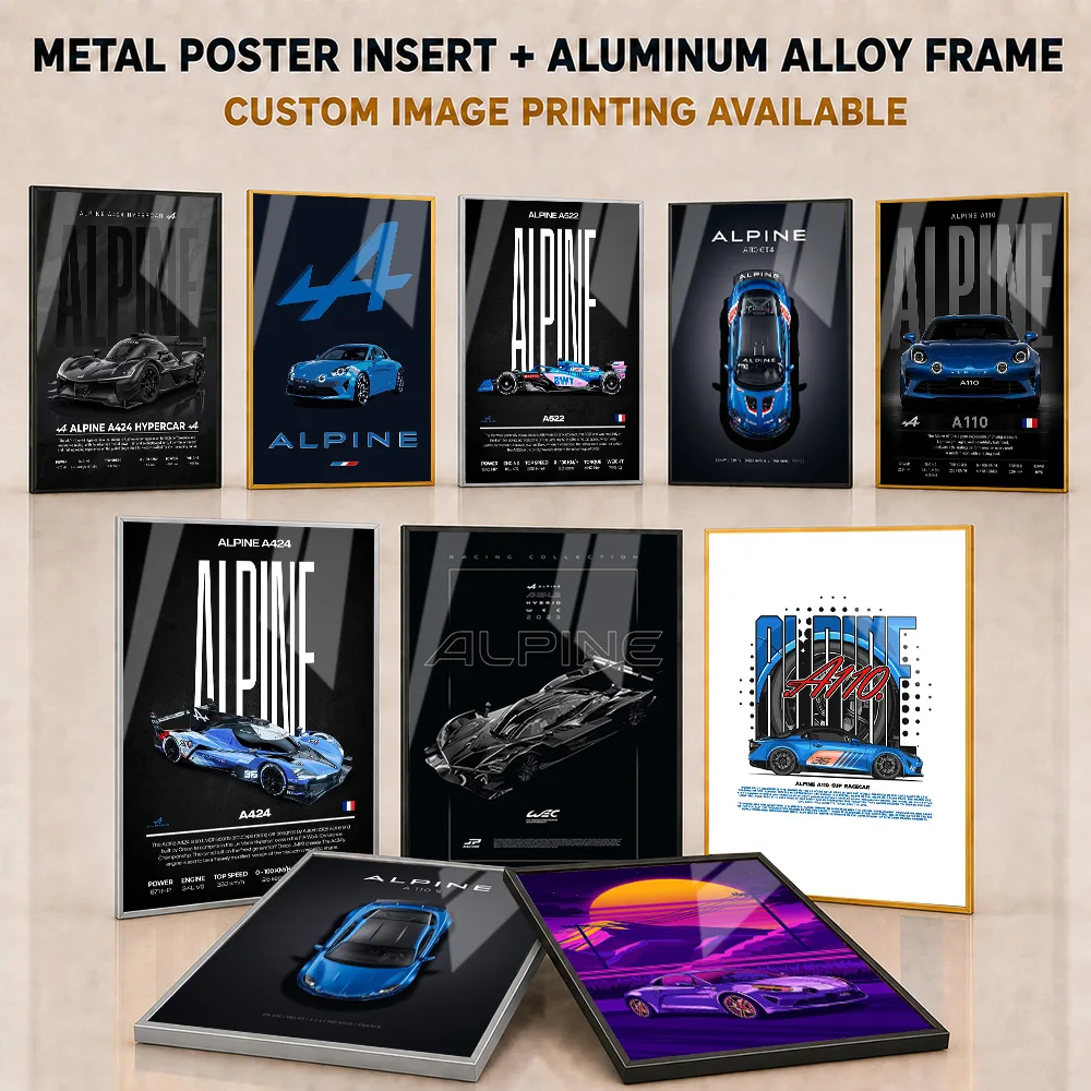 Alpine Metal Poster With Aluminum Alloy Frame Personalized Bold Dynamic Automotive Profile Wall Art For Garage And Driver Gift