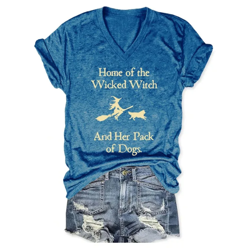 ilstile Women's Halloween Witch Dog Print T-Shirts Summer Short Sleeve Casual Loose V Neck Tops Tees New Arrival