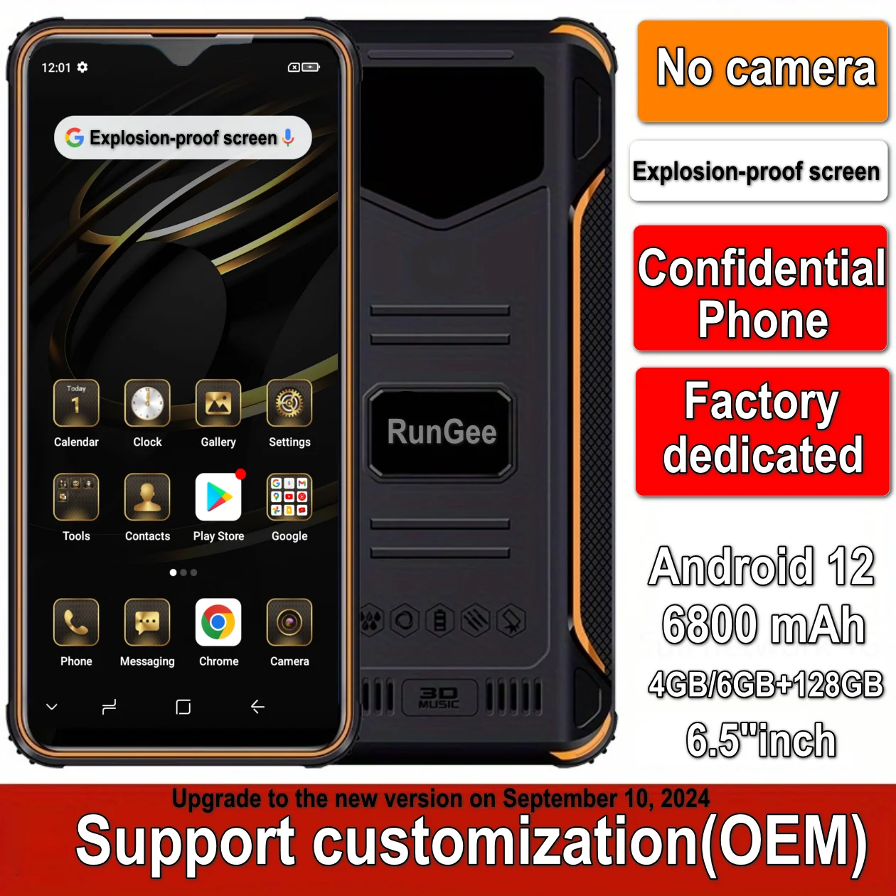 카메라 없는 스마트폰, 6GB + 128GB 젤로 PTT, 4G LTE, 옥타 코어, 안드로이드 12, GPS, 6.5 인치, 카메라 폰 지지대 OEM