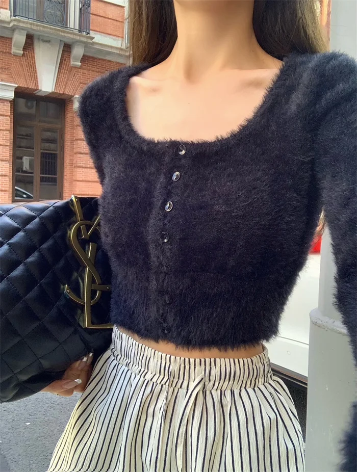 Fuzzy Mohair Knit Cropped Cardigan Sweater for Women Long Sleeve Button Up Fluffy Soft Knitwear Autumn Winter Outfit