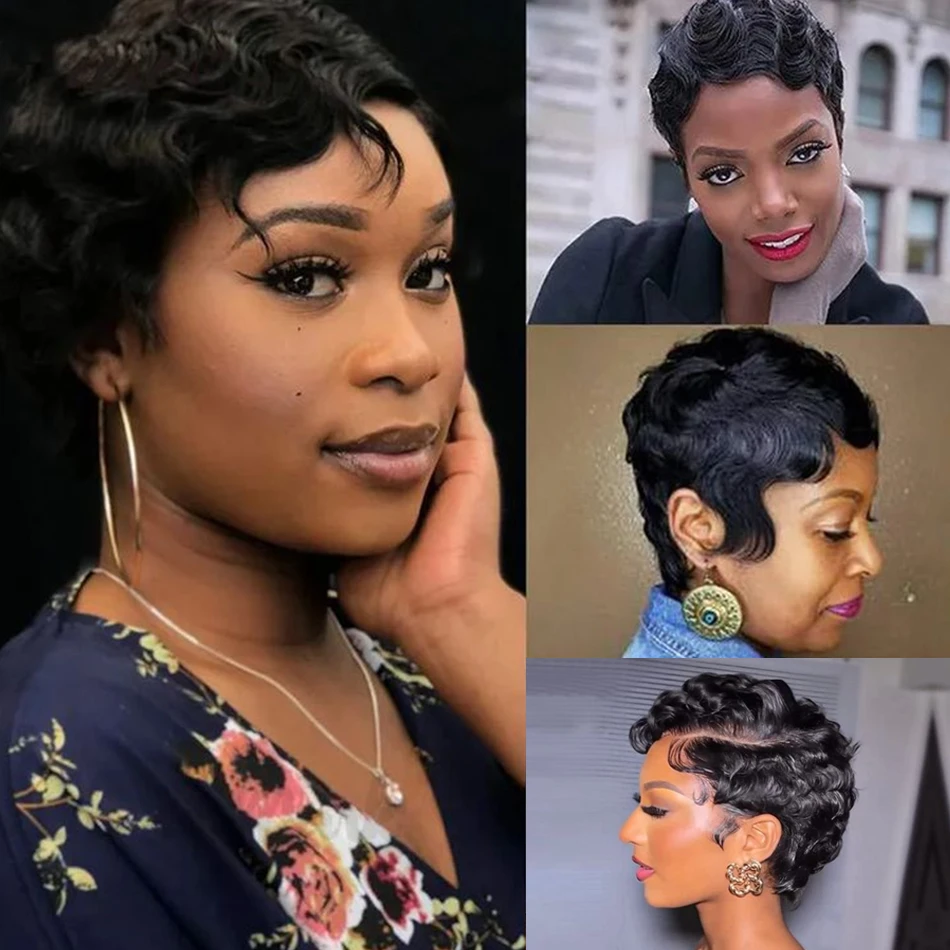 フィンガーウェーブカーリーウェーブピクシーカットウィッグ 女性用 150%密度 6インチ人毛ウィッグ 女性用 フルマシンメイドウィッグ