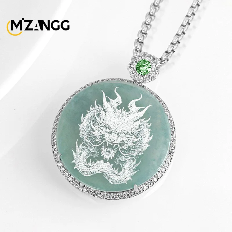 Natural Jadeite Blue Water Shadow Carving Dragon Pendant Silver Ice Buddha GuanYin Necklace Fashion Men\'s and Women\'s Jewelry